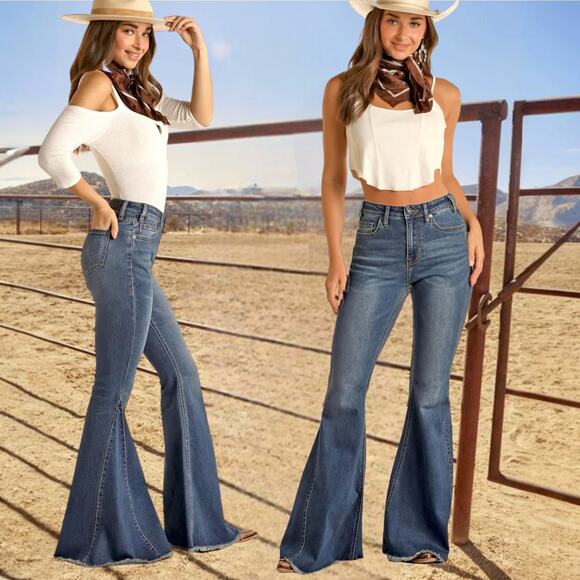 Rock & Roll Insert Bell Bottom High Rise Jeans 28x34 70s Flare Coastal Cowgirl - Picture 9 of 16